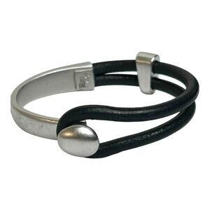 Erica Zap Platinum Plated Pewter Lasso Knob & Slide Black Leather Bracelet Mens